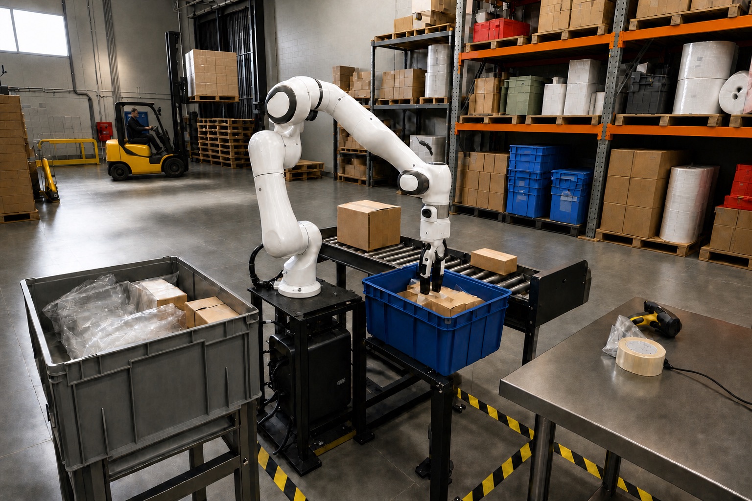 Robot camera view with an added situation: Forklift crossing behind