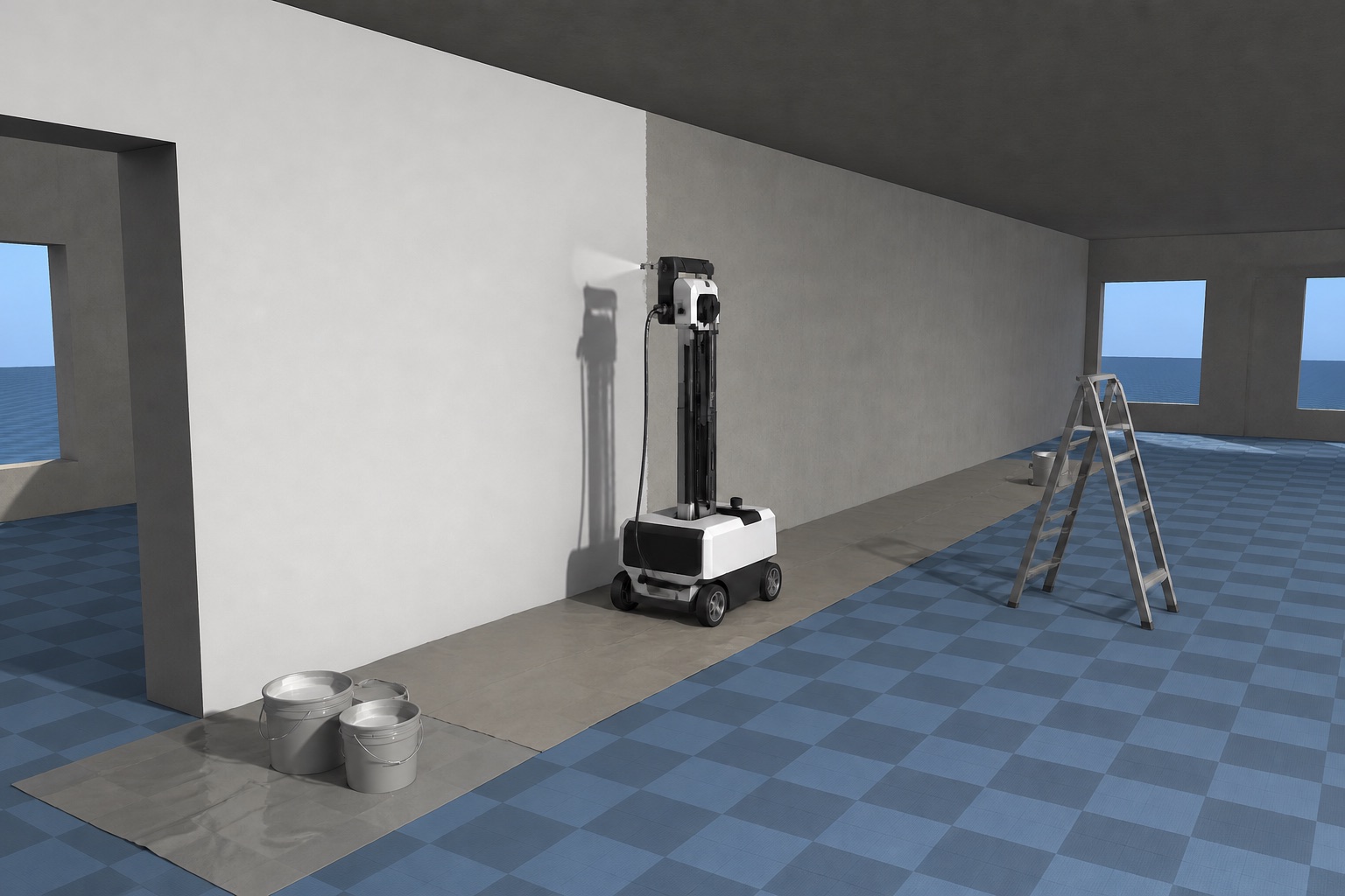 A wall-painting robot on a construction floor in MuJoCo