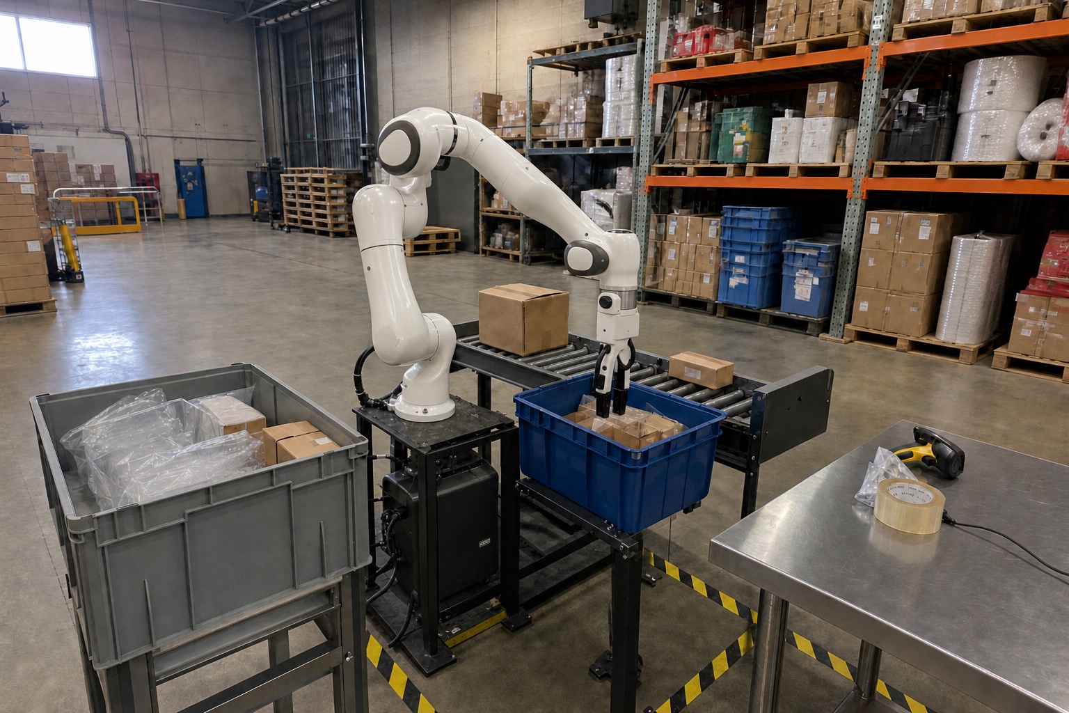 Phone video frame of a warehouse packing station with a Franka robot arm